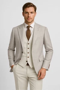 Sirri Men’s Beige Windowpane Check Suit Slim Fit 3-Piece Wedding - Picture 1 of 3