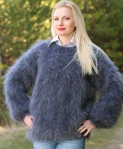 Fuzzy gray mohair sweater crewneck hand knitted soft jumper SuperTanya L-XL - Picture 1 of 7