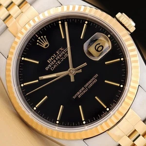 ROLEX MENS DATEJUST 16233 MATTE BLACK 18K YELLOW GOLD STEEL 2-TONE JUBILEE WATCH - Picture 1 of 8