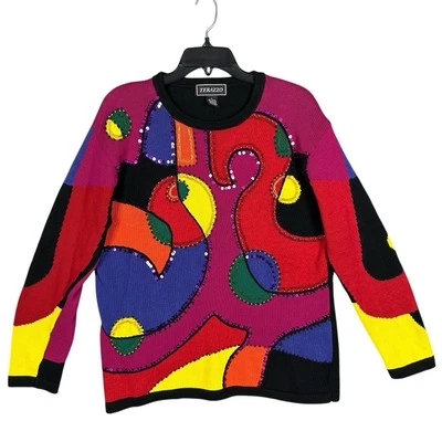Vtg Terazzo M Colorful Geometric Sequin Knit Sweater 80s 90s Art Grandmacore - Image 1 of 4
