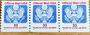 Scott #O157 MNH Strip of 3 Coil Stamps 1993 33c Stylized Eagle Official Mail - Picture 1 of 1