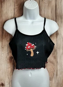 Romwe schwarz Pilz Crop Tank Top Gr. Medium U-Ausschnitt Salatsaum Boho neu - Bild 1 von 6