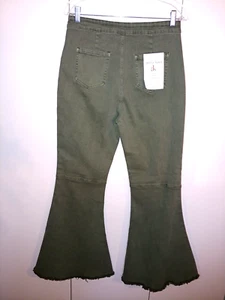 ANNA-KACI LADIES HIGH WAIST GREEN WIDE BELL-BOTTOM PANTS-JR L-NWT-TRENDY/CUTE - Picture 1 of 7