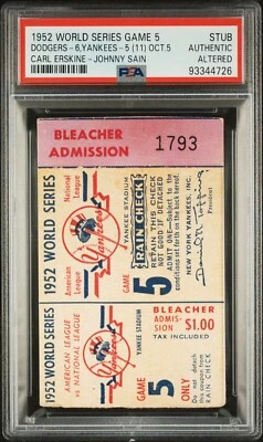 1952 年世界系列赛 5 张票根狙击器/尺寸 HRs-Erskine Win Robinson 4x BB — 第 1/2 张图片