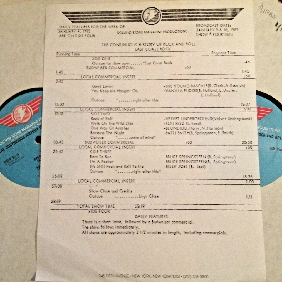 RADIO SHOW: ROLLING STONE HISTORY OF EAST COAST ROCK 1/9/82 LOU REED, BLONDIE - Image 1 of 1