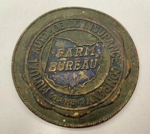 Vintage Columbus Ohio Metal MUTUAL Auto Insurance FARM BUREAU Plate Topper Badge - Picture 1 of 9