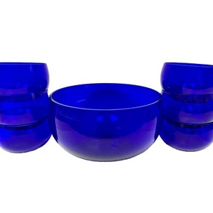 VTG Cobalt Blue Glass Large Salad Or Pasta Bowl Set ~ Master Plus 6 Individual - Picture 1 of 9