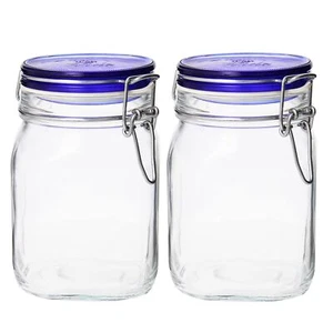 Bormioli Rocco Set of 2 Fido 33.75oz Food Jars w/ Metal Clamp & Gasket, Blue Top - Picture 1 of 7