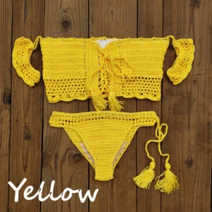 Women crochet sexy bikini set boho swimsuit Vest hot pants Hollow Sunbathing - Picture 1 of 14