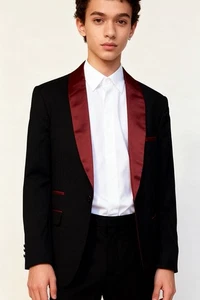 Tuxedo Jacket Blazer Mens Size XS Slim Fit Black W/Red Satin Shawl Lapel Formal - Picture 1 of 4