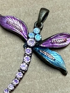 Vintage Dragonfly Pendant Charm Purple & Blue Enamel Rhinestones - Picture 1 of 6