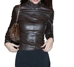 Mujer Marrón Genuino Cuero Piel Cordero Top Cuello Alto Ajustado Mini Dress Back - Picture 1 of 5