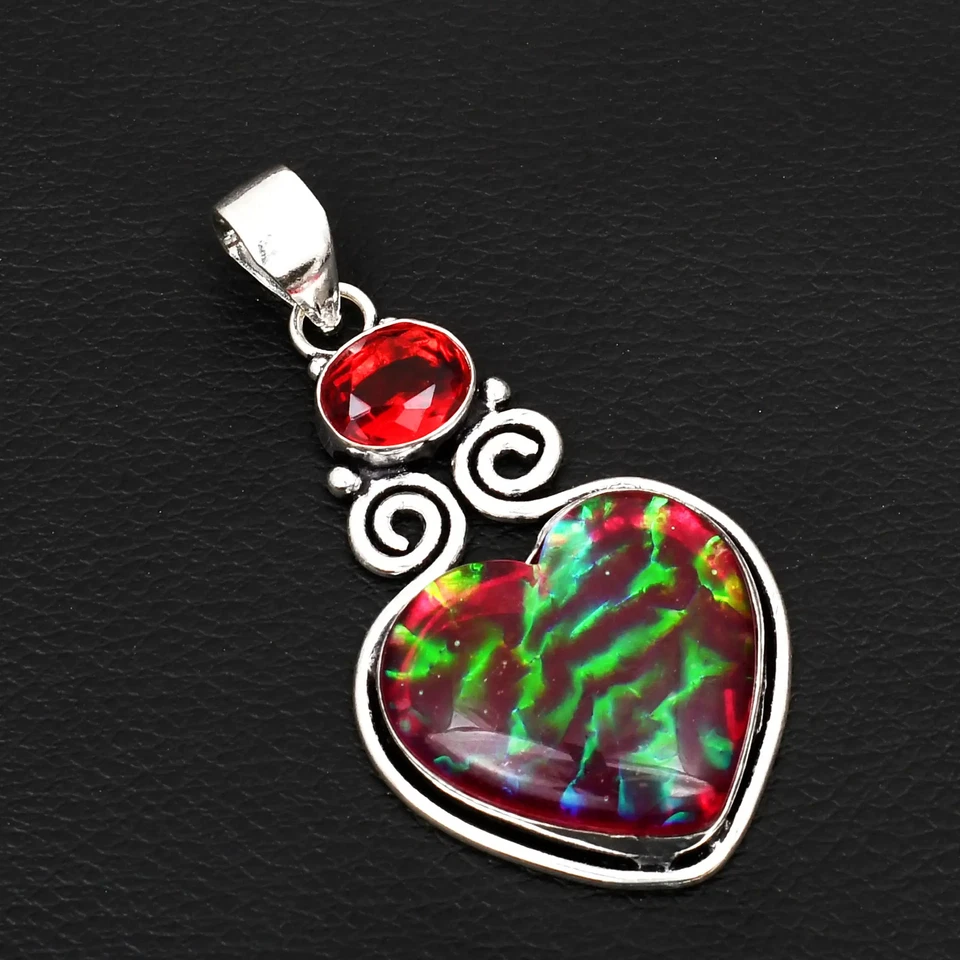 Ammolite Opal Garnet Gemstone Handmade Heart Pendant Jewelry Gift 2.6" AP-25729 - Image 1 of 1
