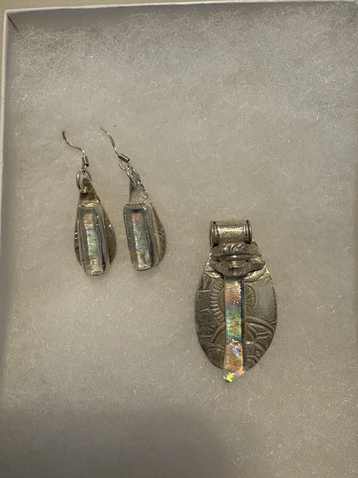 手工银色/二色玻璃吊坠和悬垂耳环套装 — 第 1/4 张图片