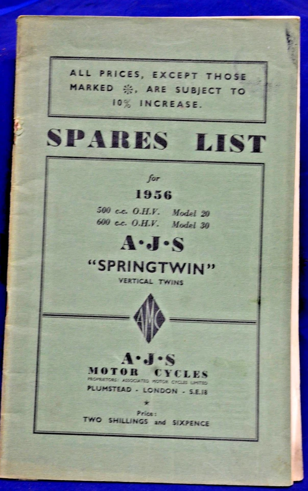 原装 1956 年 AJS 备件清单 型号 20 500cc 双人 "Springtwin" — 第 1/1 张图片