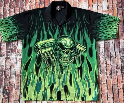 Vintage Y2K Dragonfly Skull And Flames Green AOP Button Shirt Size Medium - Image 1 of 4