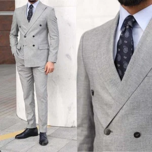 Leinne Herren Hellgrauer Anzug Doppelreihige Jacke Spitzkragen Sakko Hochzeit - Picture 1 of 11