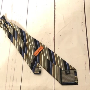 Bergamo New York Boys Clip On Silk Tie Striped Blue Gold Silver - Picture 1 of 4