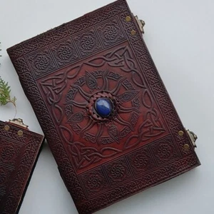 Leather Journal Embossed Blue Stone Vintage Diary Unlined Blank Book Sun Celtic - Picture 1 of 5