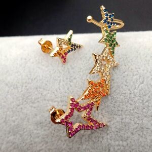Astmmetrical rainbow cubic zirconia gold filled Star Stud cuff Earrings