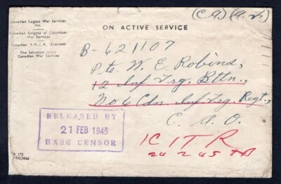 Canada WW2 Military 1945 Censored Cover to a Soldier, Forwarded - Image 1 of 2
