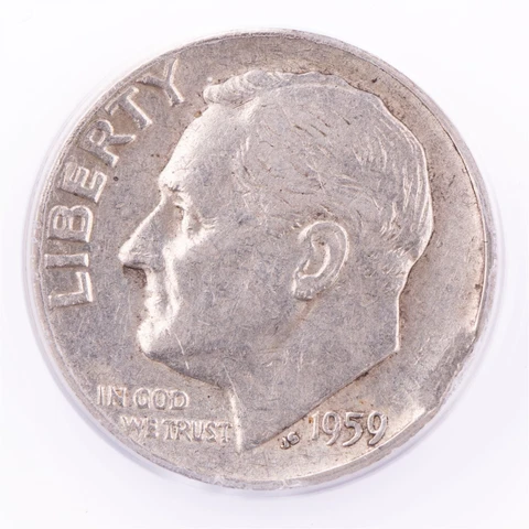 ERROR 1959 Roosevelt Dime ANACS AU50 Curved Clip Certified 10c Cover
