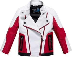 Budermmy Boy's Faux Leather Motorcycle Jack Coat Red White Size 4/5 - Picture 1 of 11