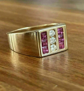 1.40CT Princess Cut Simulated Red Ruby Mens Ring For Gift 925 Silver Gold Plated - Picture 1 of 6