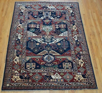Afghan Caucasian Design Hand Knotted Wool Oriental Rug 5'9" x 8' - Image 1 of 4