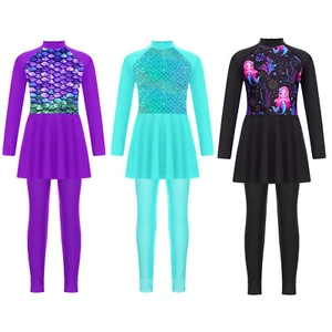 Kids Girls Dress With Pants Beach Rash Guard Set Sports Barthing Suit Mock Neck - Picture 1 of 36