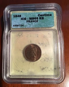 FRANCE 1848 1 CENTIME COIN GEM UNCIRCULATED, ICG CERTIFIED MS-65-RB - Picture 1 of 3