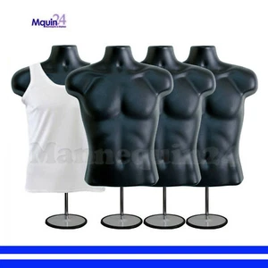 4 MALE TORSO DRESS MANNEQUINS in BLACK w/ 4 STANDS + 4 HANGERS - MEN DRESS FORMS - Picture 1 of 6