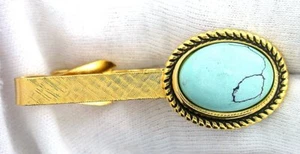 2 1/10 INCH 18x13 OVAL BABY BLUE TURQUOISE CAB GEMSTONE BEZEL TIE CLIP TIE BAR - Picture 1 of 2