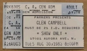 Boleto de concierto Glen Campbell agosto 1983 Seattle Show Only Aurora Ave - Imagen 1 de 2