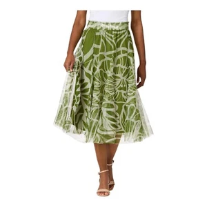 NWT Cato Womens Pleated Lined High Waist Printed Midi Skirt Green White 26 28 - Picture 1 of 5