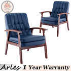 2x Mid Century Armchair Tufted Accent Sofa Chair Retro Leather Wood Chair Navy