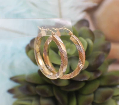 Solid 14k Tri-color Gold Textured Hoop Earrings Wide Round Shiny Classic - Image 1 of 4