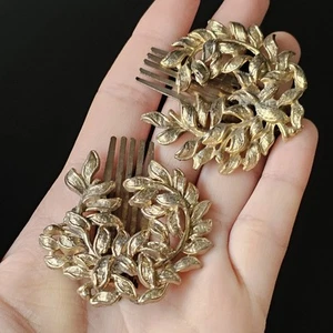 Vtg 2 Metal Hair Clip/Decorative Hinged Comb Leaf Spiral Wreath Gold Tone READ - Picture 1 of 17