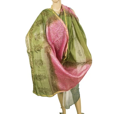 Estola larga Sanskriti Vintage Dupatta pura Chanderi verde y rosa pintada tejida    Foto 1 de 4