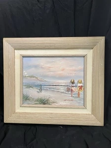 ORIGINAL OIL ON WOOD SUNSET OCEANSCAPE PAINTING 2 GIRLS FRAMED SIGNED - Picture 1 of 8