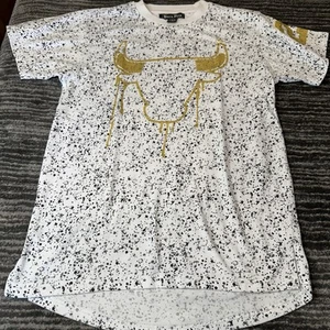 Bare Fox Bull Shirt Youth Large Paint Splatter White Gold 23 Basketball Tee EUC - Picture 1 of 11