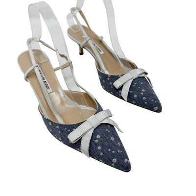 Salto Manolo Blahnik Floral Bow Slingback UE 40 Azul Grosgrain Guarnição Vintage  - Imagem 1 de 4