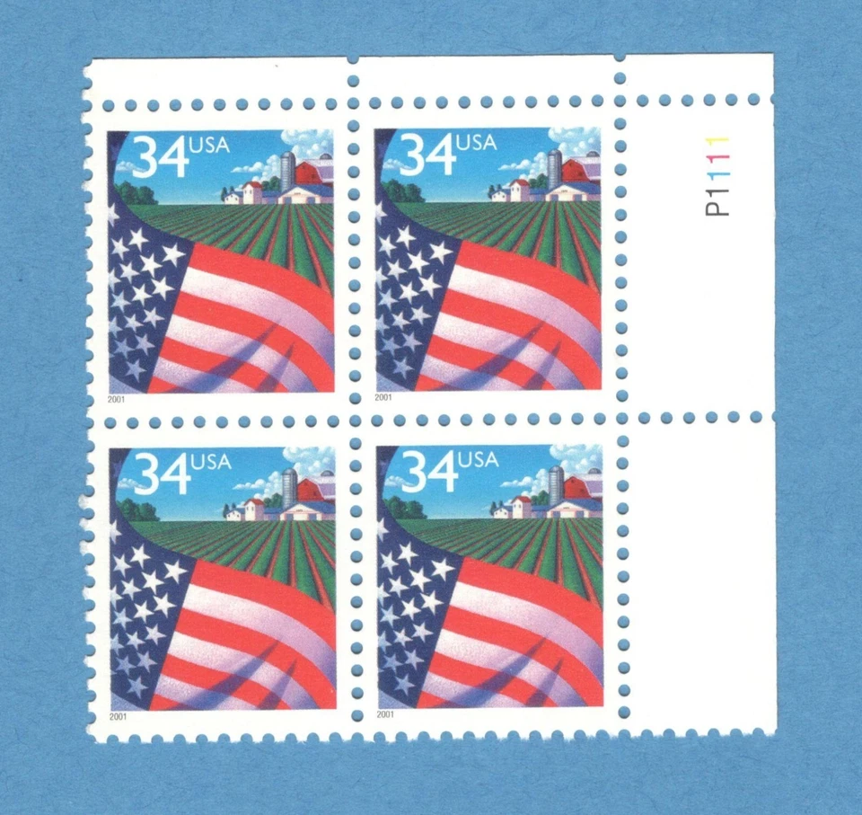 Sc # 3469 ~ Plate # Block ~ 34 cent Flag Over Farm Issue - Image 1 of 1