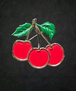 Large Trifari Enameled TrIple Cherries Brooch Signed Vintage Jewelry - Picture 1 of 5