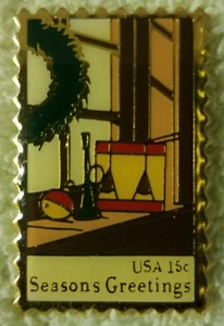 Season Greetings Postal Stamp Lapel Pin 15 Cents Winco International Ex - Picture 1 of 2