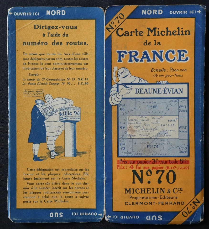 Tarjeta 1927 MICHELIN 70 BEAUNE EVIAN Guía Bibendum neumáticos mapa - Imagen 1 de 1