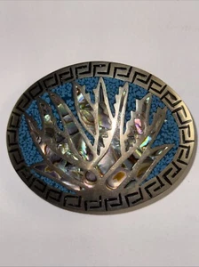 Oval inlaid silver buckle, Greek key design with Abalone, and Turquoise 4” X 3” - Picture 1 of 4