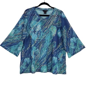 Ali Miles Tunic Top Womens Plus 1X Blue Green Floral Mesh 3/4 Sleeves Casual - Picture 1 of 9