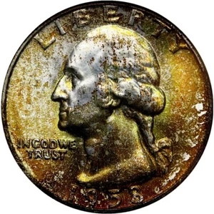 1958-D WASHINGTON QUARTER 25c NGC MS66  RAINBOW TONING - Picture 1 of 4