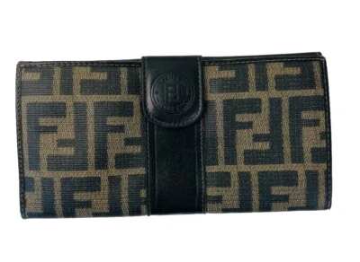 Fendi 复古 Zucca Monogram FF 标志双折皮革/帆布钱包棕色/黑色 — 第 1/4 张图片